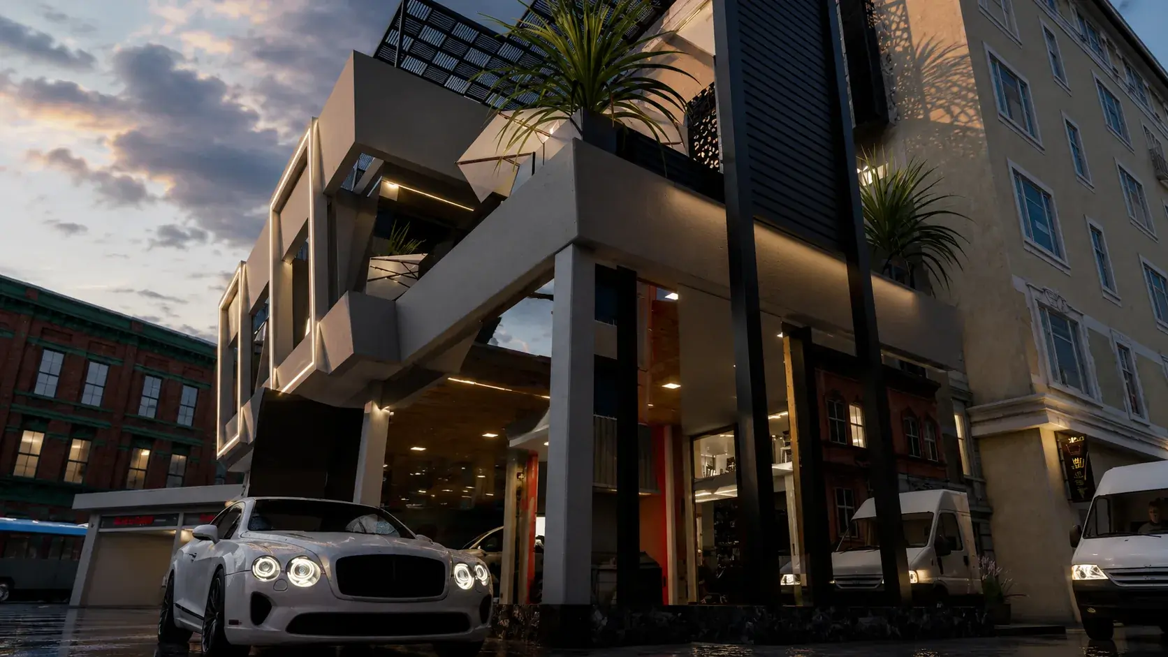 Service station concrete floor reflection lighting study rendering by Khalil Grouz