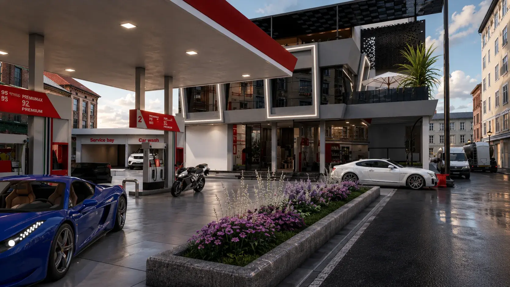 Sleek minimalist gas station exterior architectural visualization at night by Khalil Grouz